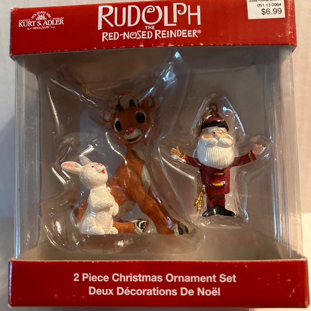 2 Pc Christmas Ornament Set Rudolph Red Nosed Reindeer Santa Bunny Adler NEW
